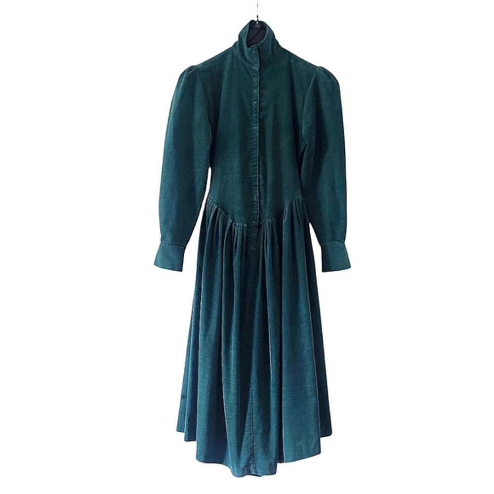 80's Norma Kamali Drop Waist Puff Sleeve Green Corduroy Button Down Dress Small - Picture 3 of 12